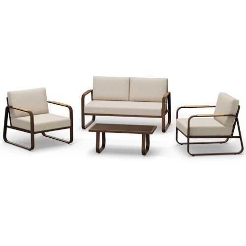 EAST OAK Courtyard Patio Furniture Set, 4-Piece Outdoor Patio Set with Sofa, Removable & Washable Deep Seating Cushion, Tempered Glass Table