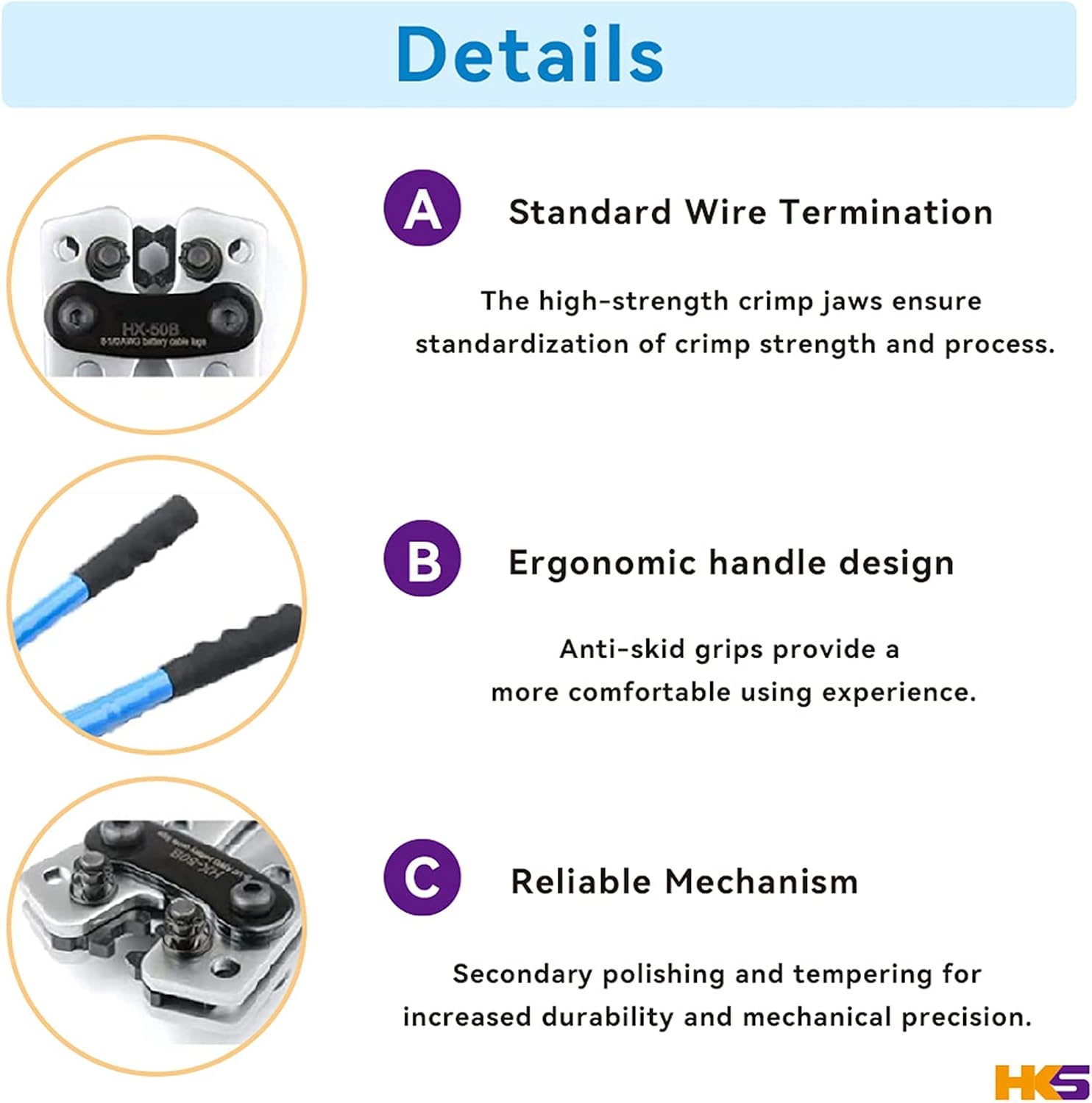 HKS Battery Cable Lug Crimping Tool 10-1 AWG with 60Pcs Copper Ring Terminals 8 Sizes Cable Lugs Set