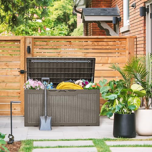Devoko 120 Gallon Deck Box Resin Outdoor Storage Box Waterproof for Patio, Large Outdoor Storage Bench Lockable for Outside (Black)