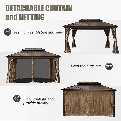 Domi 10’ x 10’ Hardtop Gazebo Metal Frame Canopy with Netting & Curtains