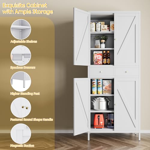 Tall Kitchen Pantry Cabinet, Metal Display Storage Cabinets with 4 Doors/2 Drawers for Kitchen Home Office Living Room, Assembly Required