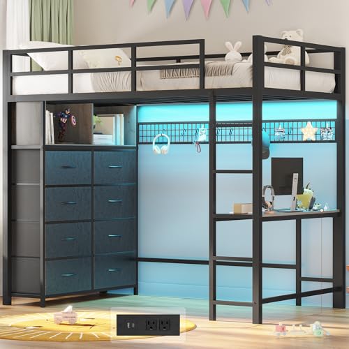 ADORNEVE Twin Size Loft Bed with Desk and 8 Storage Drawers, Metal Kids Loft Bed Twin with LED Lights & Charging Sation, Storage Shelves