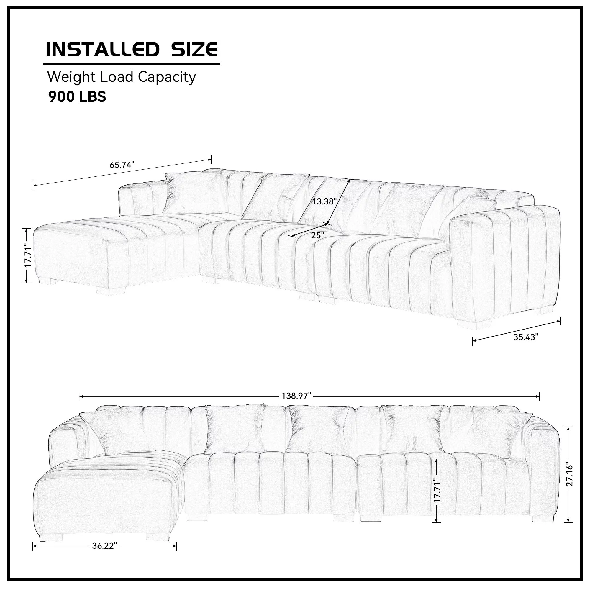 Williamspace 139" Sectional Sofa Couch for Living Room, Modern Luxury L Shaped Sofa with Ottoman