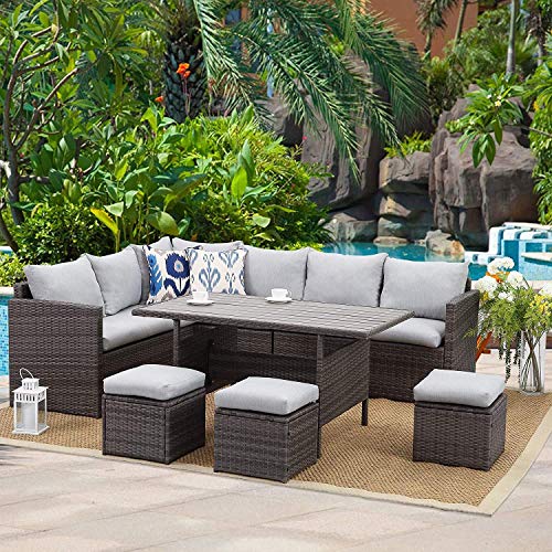 Wisteria Lane Outdoor Patio Furniture Set, 7 Piece Outdoor Dining Sectional Sofa with Dining Table and Chair