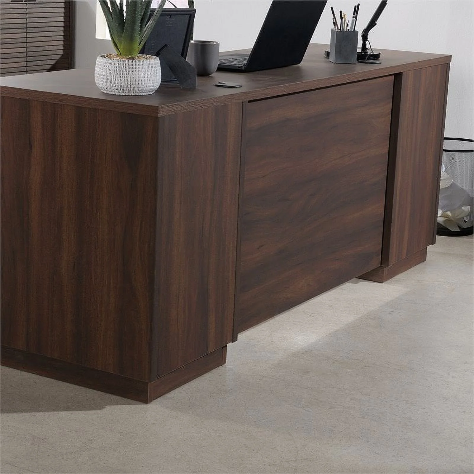 Pemberly Row 72" Wooden Knee Space Computer Credenza Desk in Spiced Mahogany