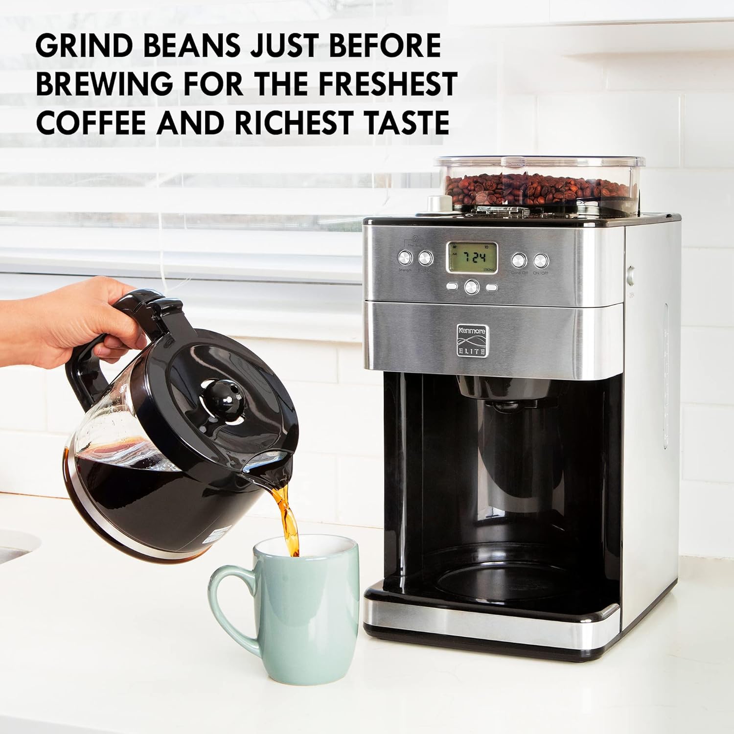 Kenmore Elite Grind and Brew Coffee Maker w/ Burr Grinder, 12 Cup Programmable Automatic Timer Brew Coffee Machine, Air-Tight Bean Hopper