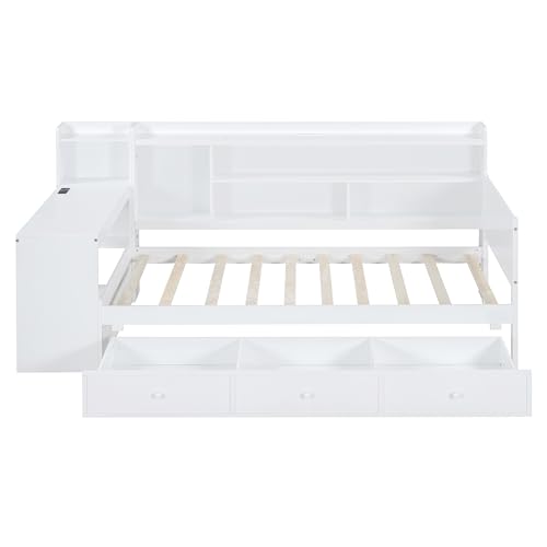 Bellemave Twin Corner Bed Frame with Storage Shelves and Desk, Wood Twin Size Daybed with Bookcase and Drawers and Storage, Gray