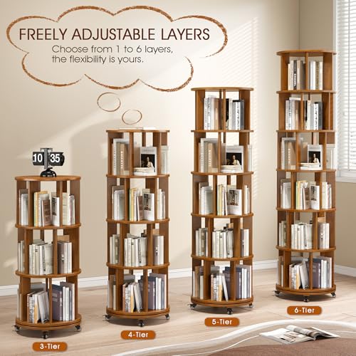 6 Tier Rotating Bookshelf Tower Spinning Bookshelf with Swivel Wheels Book Shelf Rotating Storage Tower for Kids Adult Narrow Walnut Solid Wood