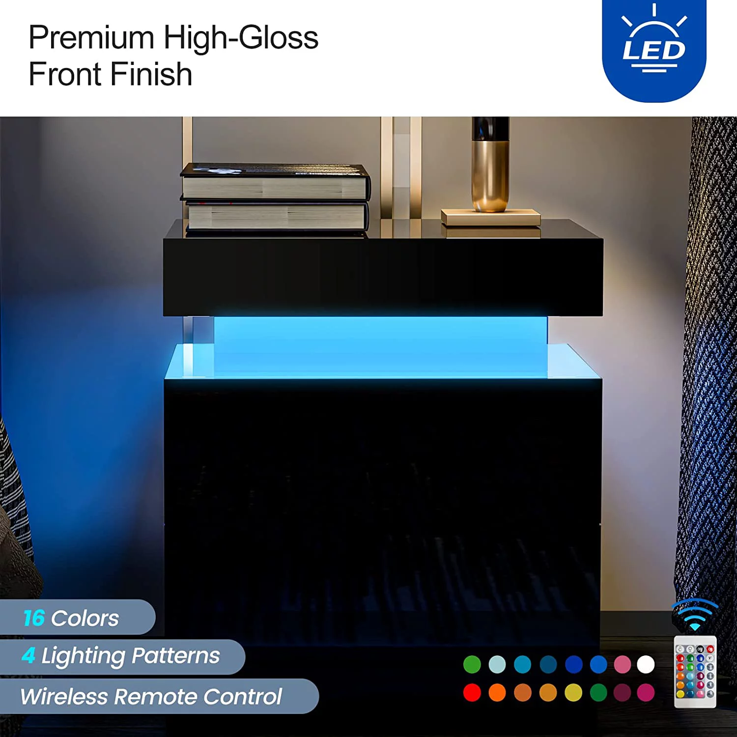 IKIFLY Black Modern LED Nightstand with 2 Drawers/High Gloss Bedside Tables with Changing LED Lights/End Side Table for Bedroom Living Room Furniture