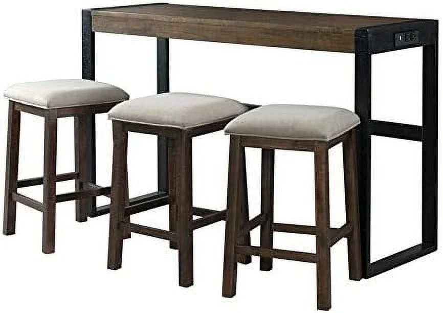 Contemporary Multipurpose Home Bar Living Room Sofa Bar Table Set With 3 Upholstered Stools In Walnut And Taupe Fabric