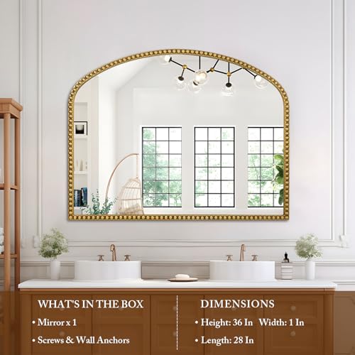 28"x36" Large Arch Wall Mirror, Decorative Beaded Frame Hanging Vanity Mirror for Dresser, Bathroom, Entryway, Bedroom, Mantel, Antique Gold
