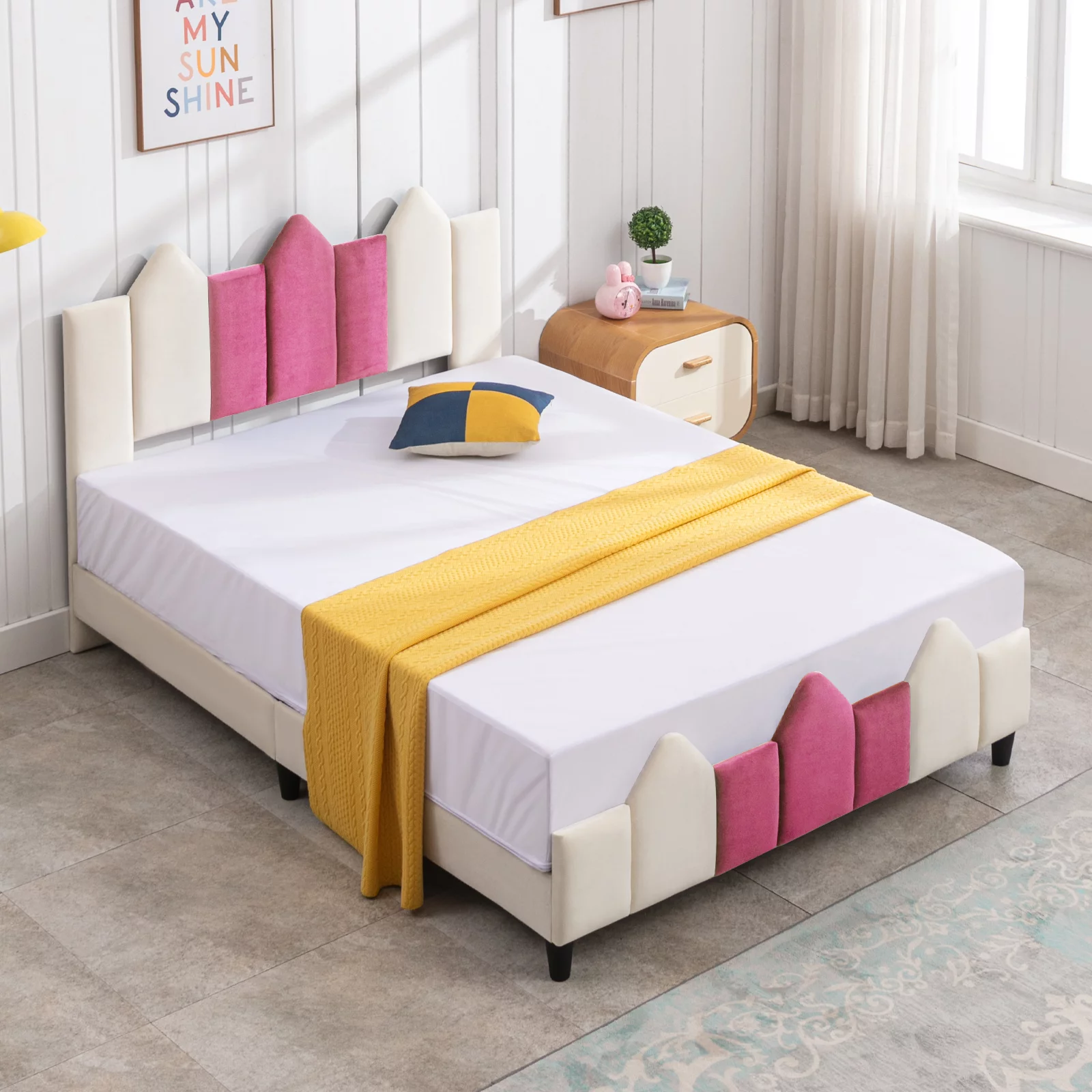 Mjkone Full Size Kids Bed, Children Upholstered Twin Platform Bed Frame with Headboard, Pink and White Toddler Bed for Boys & Girls, Teens