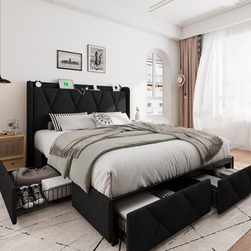 iPormis Queen Bed Frame with 4 Storage Drawers, Upholstered Platform Bed Frame with Charging Station, Modern Wingback Storage Headboard