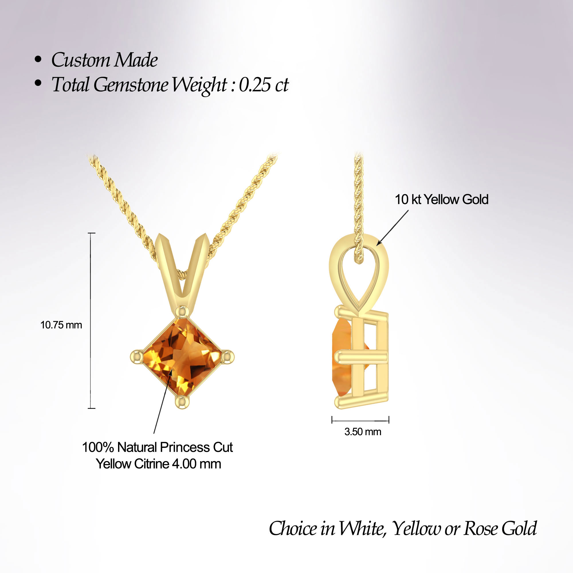 1/4 Carat Princess Shape Citrine 10K Yellow Gold V-bail Classic Solitaire Pendant Necklace For Women (Gemstone 4.00MM)