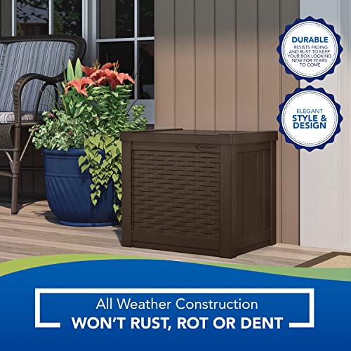 Suncast Outdoor Storage Box - 73 Gallon Mocha Brown Deck Box for Patio, Waterproof Outdoor Storage Bench, Resin Wicker Style, Heavy-Duty