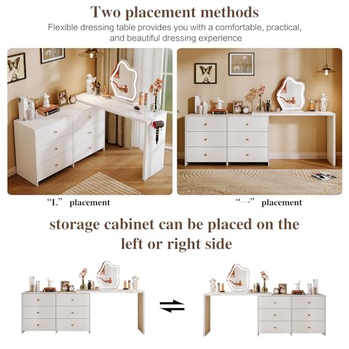 Large Makeup Vanity Desk with Mirror and Lights, Vanity Desk with 8 Drawers & Storage Shelves, Vanity Table with Power Outlet