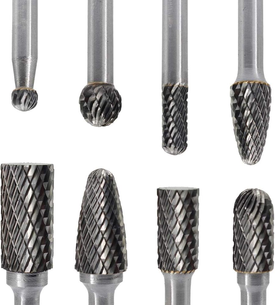 Carbide Burr Set 8pcs JESTUOUS 1/4 Inch Shank Diameter Double Cut Rotary Files Metal Grinding Polishing Carving Tool Drill Bits for Die Grinder Kits