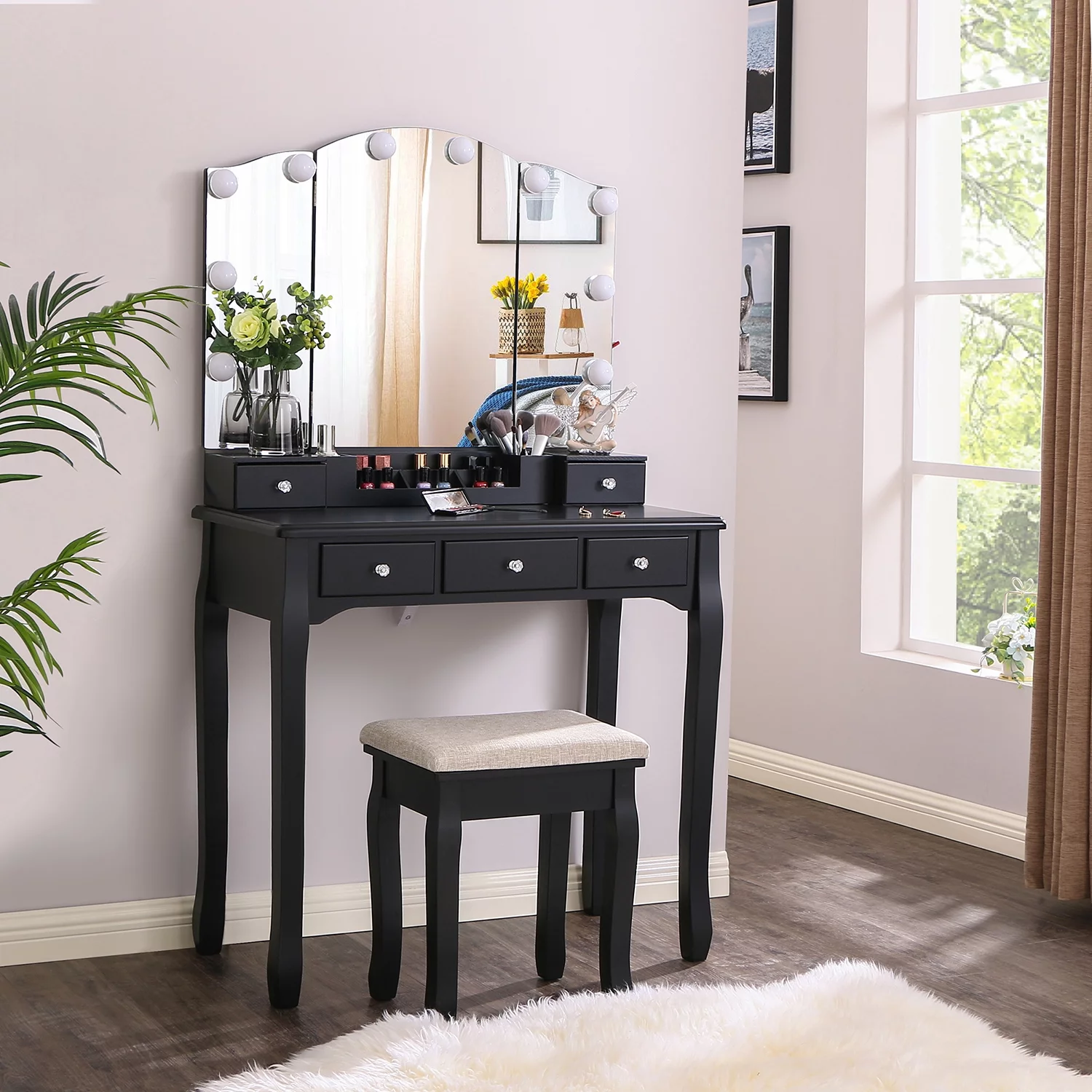 BEWISHOME Vanity Set with Lighted Mirror, Makeup Vanity with Tri-Folding Mirror 10 LED Bulbs