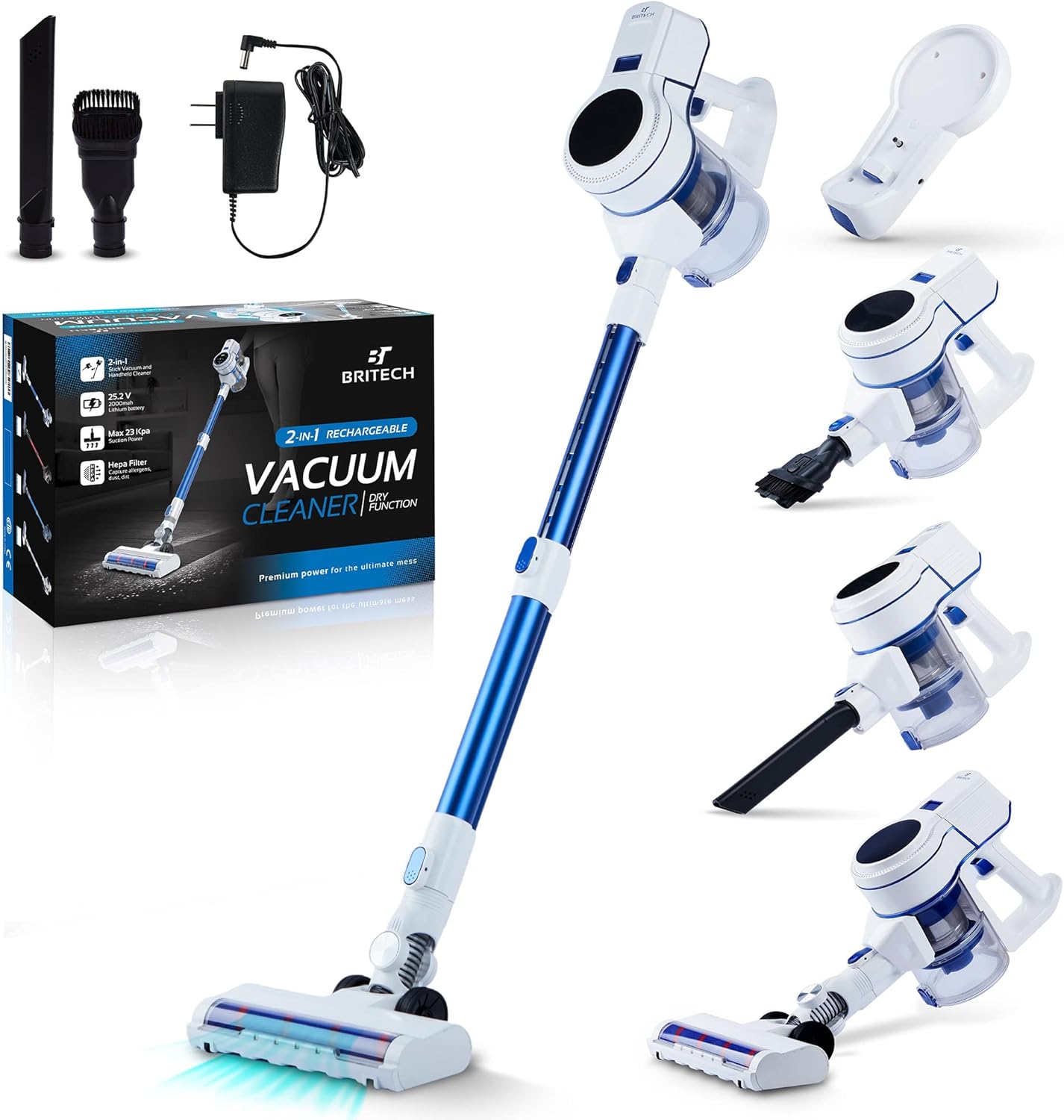 Britech Cordless Lightweight Stick Vacuum Cleaner, 250W Motor for Powerful Suction 30min Runtime, LED Display Screen & Headlights