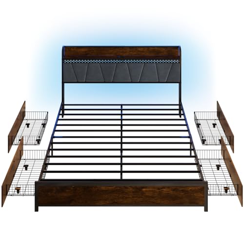 King Size Platform Bed Frame with Upholstered Shelf Headboard and 4 Under-bed Storage Drawers, Outlet with Charging Port & LED Light Design