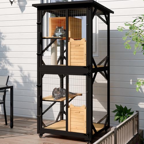 OFIKA Cat House Catio Outdoor Enclosure with Waterproof Roof,71'' cat House & Condos on Wheels for Outdoor Patio,Cat Window Box,Scratching Post（White）