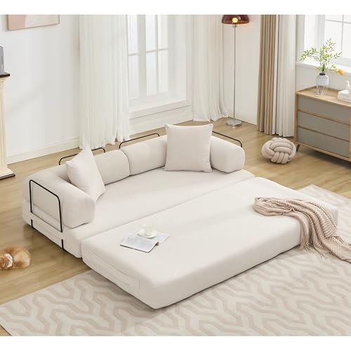 Convertible Sleeper Sofa Bed with Cylindrical Pillow, Corduroy Folding Mattress Couch with Fixed-Shape Frame