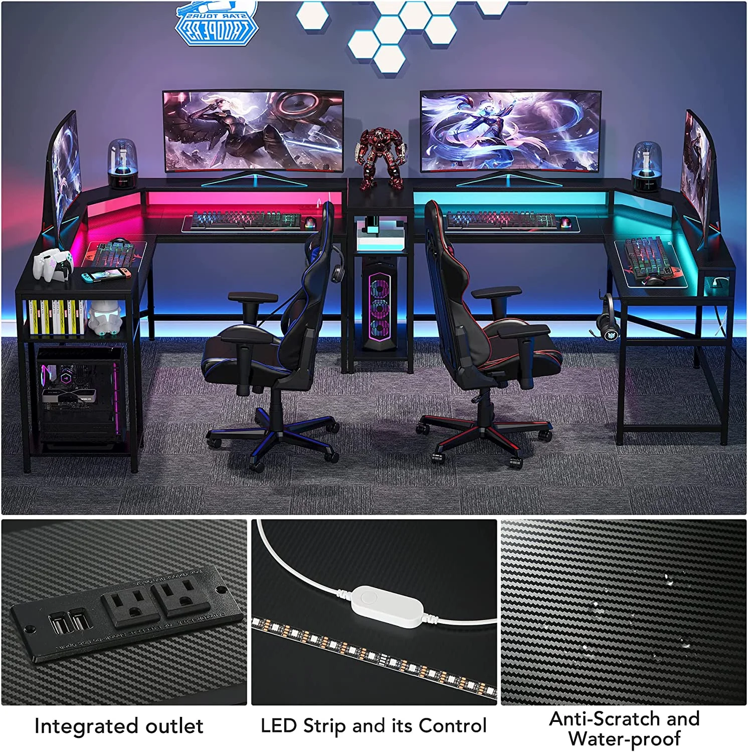 Tribesigns L-Shaped Gaming Desk with LED Strips, Power Outlets & Monitor Stand, Black