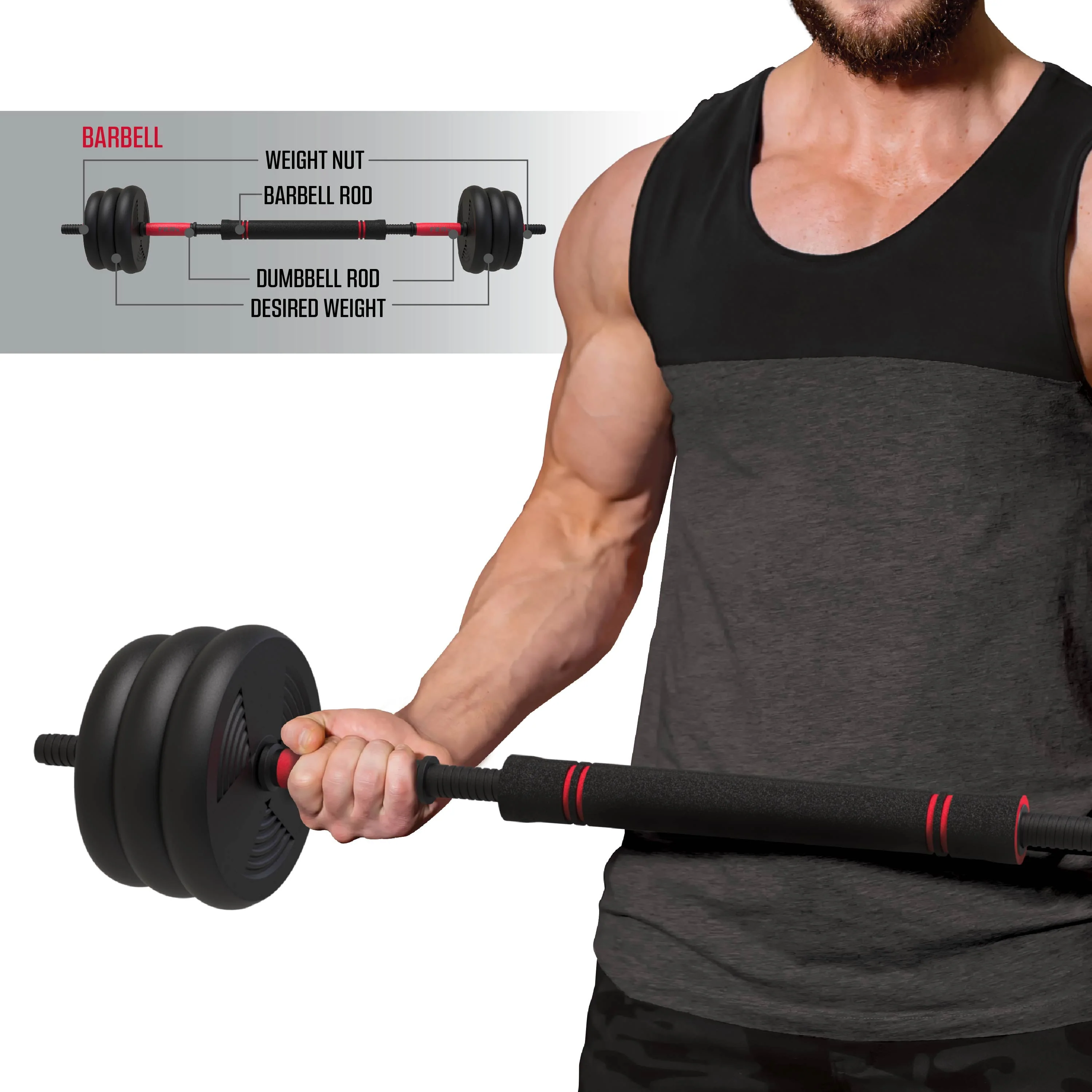 FitRx SmartBell Gym, 60 lbs. 4-in-1 Adjustable Interchangeable Dumbbell, Barbell, and Kettlebell Weight Set, Black