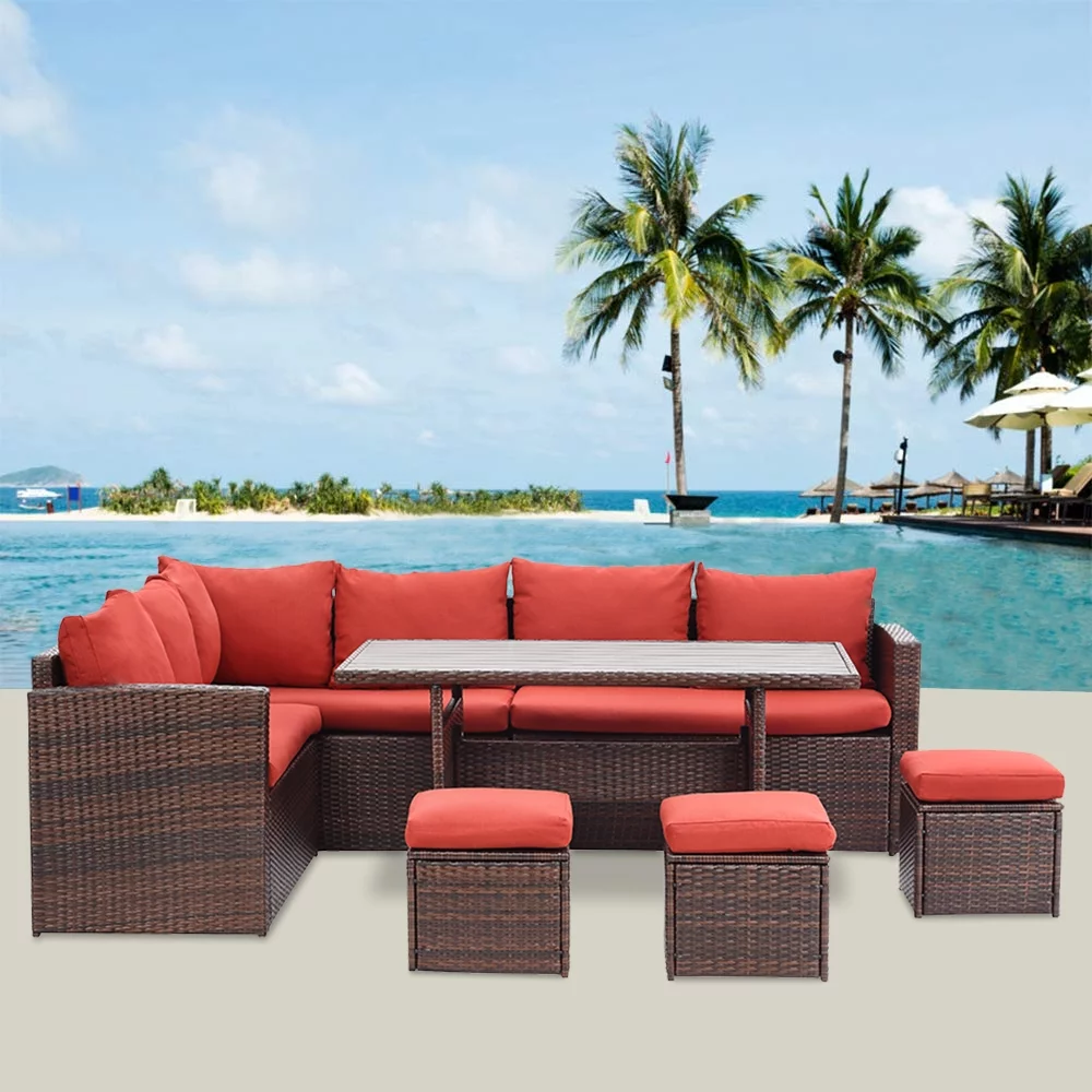 CozyHom 7 Pcs Outdoor Patio Wicker Dining Furniture Sofa Sets, Rattan Conversation Sectional Couch Set with Table and Ottomans, Red