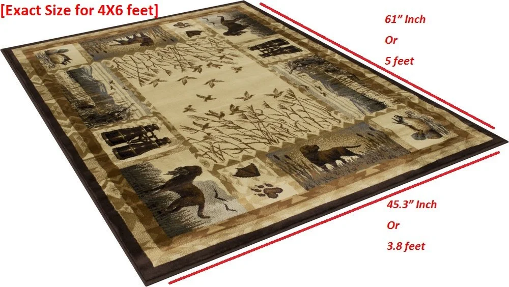 Lodge, Cabin Hunting Accent Area Rug - Modern Geometric Design Cabin Area Rug - Abstract, Multicolor Design- Hunting Dogs/Duck/Magnifier