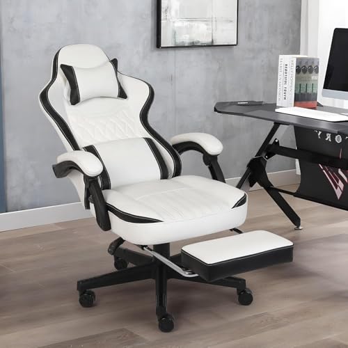 Gaming Chair, Computer Office Chair with Footrest, Linkage Armrests and Lumbar Support, High Back Ergonomic Gamer Chairs for Adults, Blue Fabric