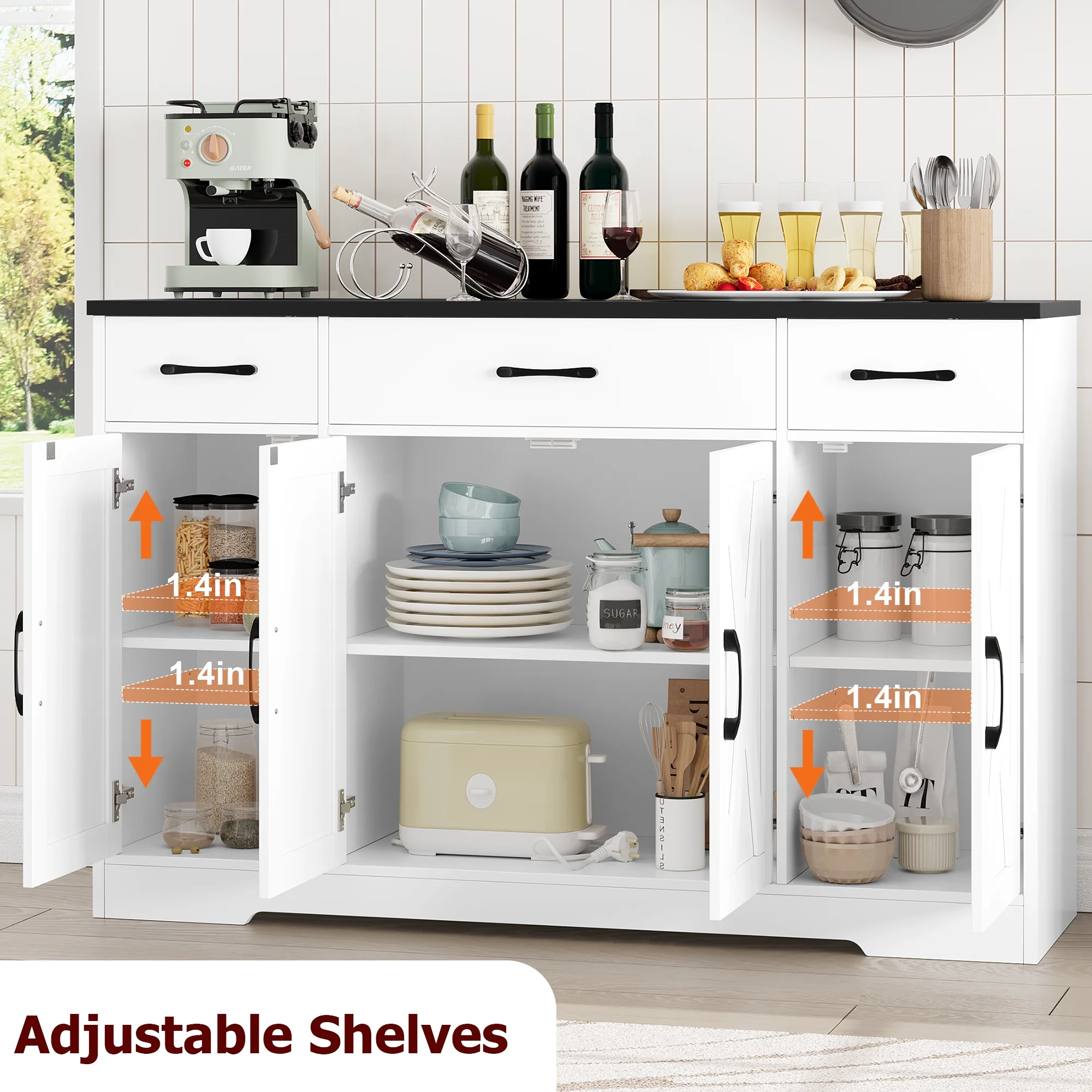 Homfa 55.1‘’ Farmhouse Kitchen Sideboard, 4-Doors 3-Drawers Wood Buffet Cabinet with Adjustable Shelves, Black & White