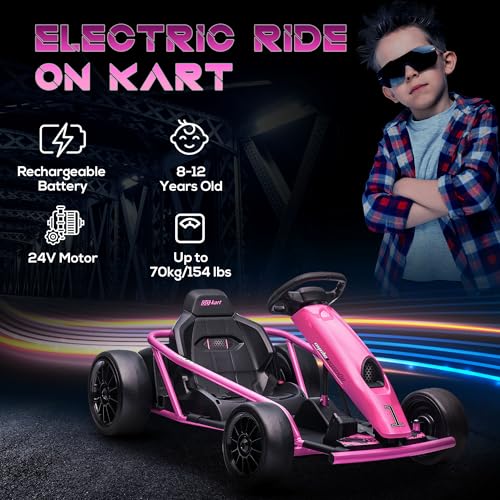 Aosom 24V 8.1 MPH Electric Go Kart, Drifting Car Battery Powered Ride on Toy Outdoor with Slow Start, Music, Horn Honking and Safety Belt