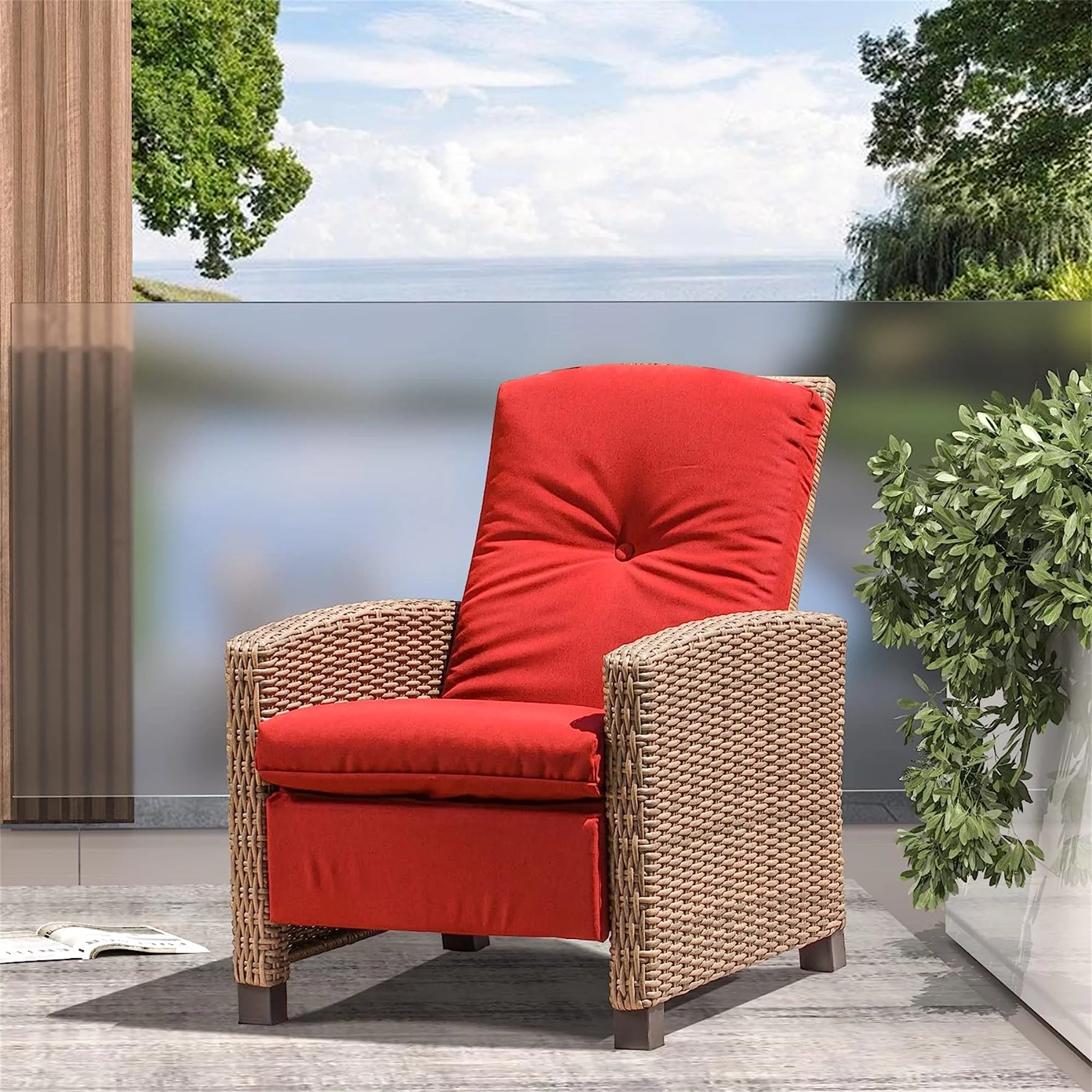 CoSoTower Indoor & Outdoor Recliner, All-Weather Wicker Reclining Patio Chair, Red Cushion (Red, 1 Chair)