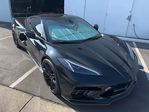 C8 Corvette Accordion Style Sunshade - Insulated Silver Windshield Sun Shade with Logo Foldable for 2020-2025 Stingray, Z51, Z06, E-Ray Corvettes