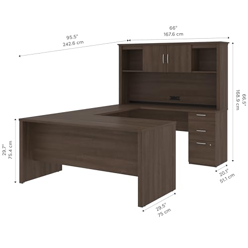 Bestar Logan 66W U or L-Shaped Executive Office Desk with Pedestal and Hutch in Bark Grey, Table Workstation for Personal Home Workspace