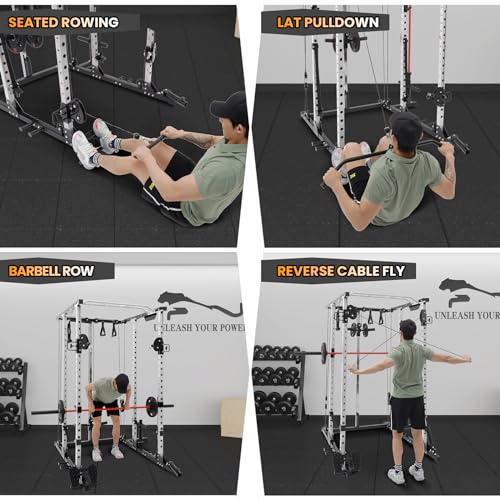 GaveeLife Power Cage, 2000 LBS Power Rack with Cable Cross-Over System, Multi-Functional Strength Training Squat Rack with LAT Pull Down System