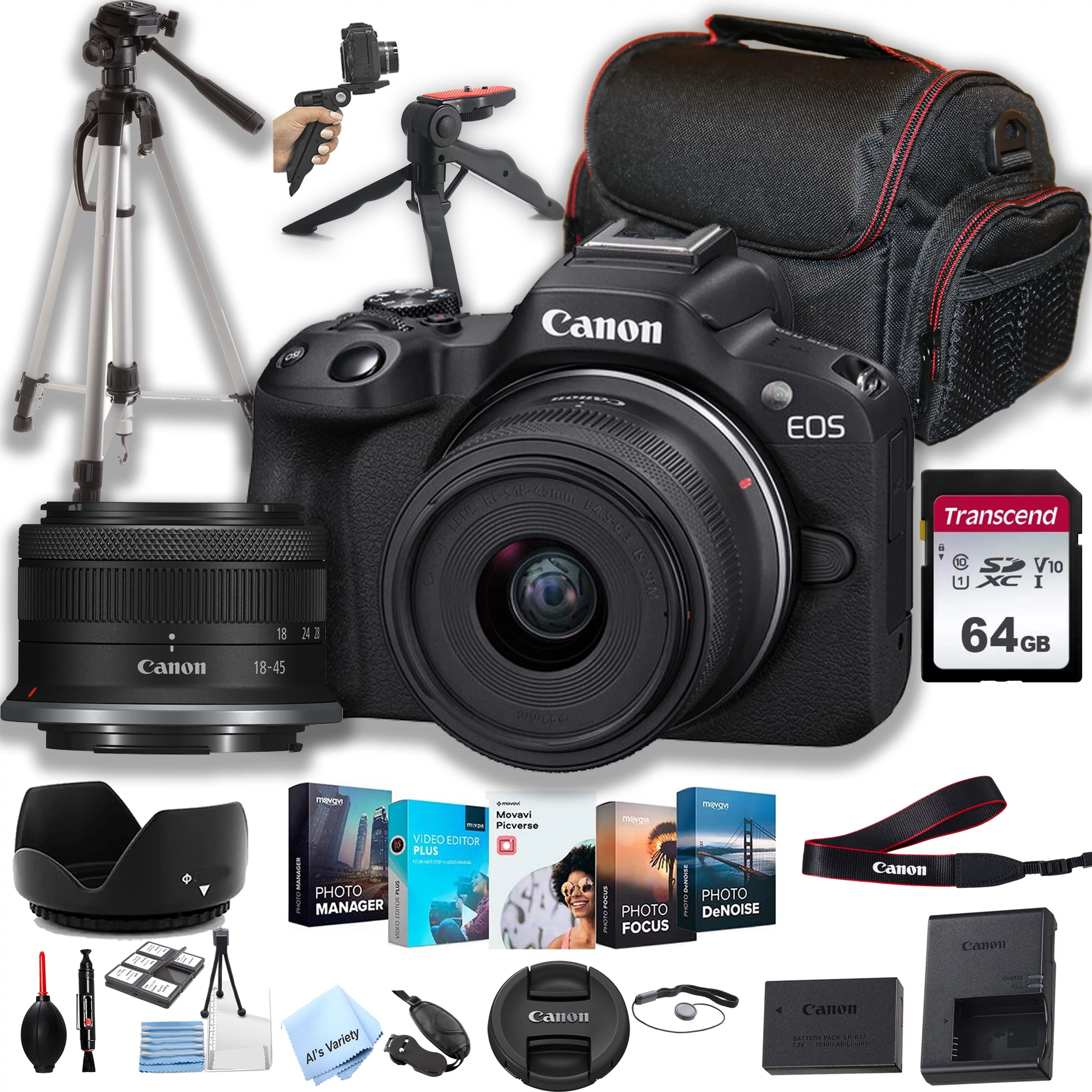 Canon EOS R50 Mirrorless Digital Camera with RF-S 18-45mm f/4.5-6.3 is STM Lens + 64GB Memory + Case+ Steady Grip Pod + Tripod+ Software Pack + More