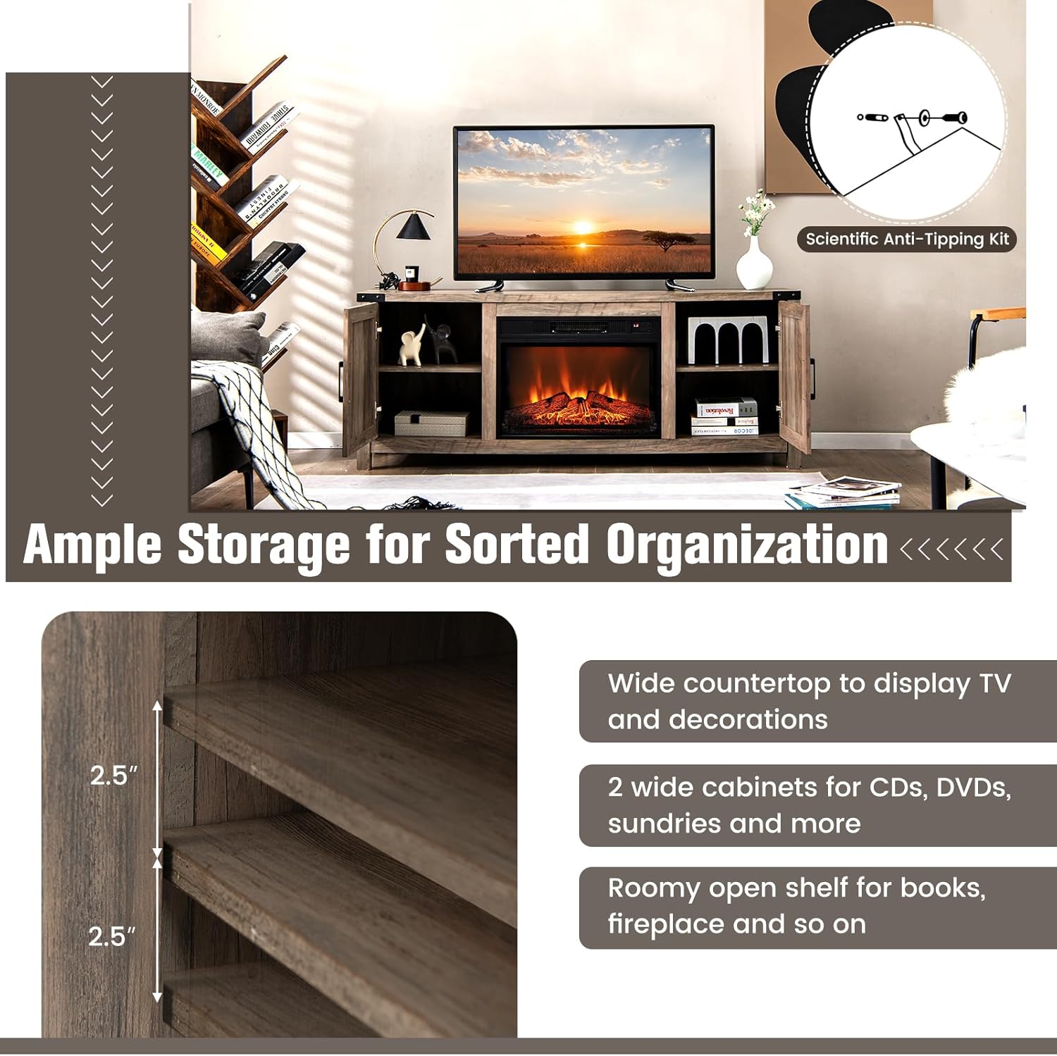 COSTWAY Electric Fireplace TV Stand for TVs up to 70 Inches, Farmhouse Media Entertainment Center Table with Storage Cabinets