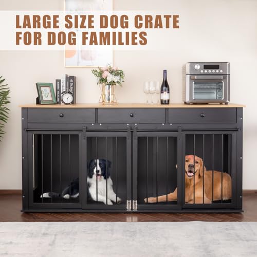 Sunseen Dog Crate Furniture Large Breed Wooden Dog Kennel with Room Divider & 3 Drawer