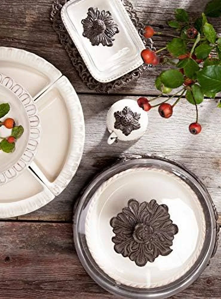 Cream Ceramic Butter Dish With Metal Work In Acanthus Leaf Design