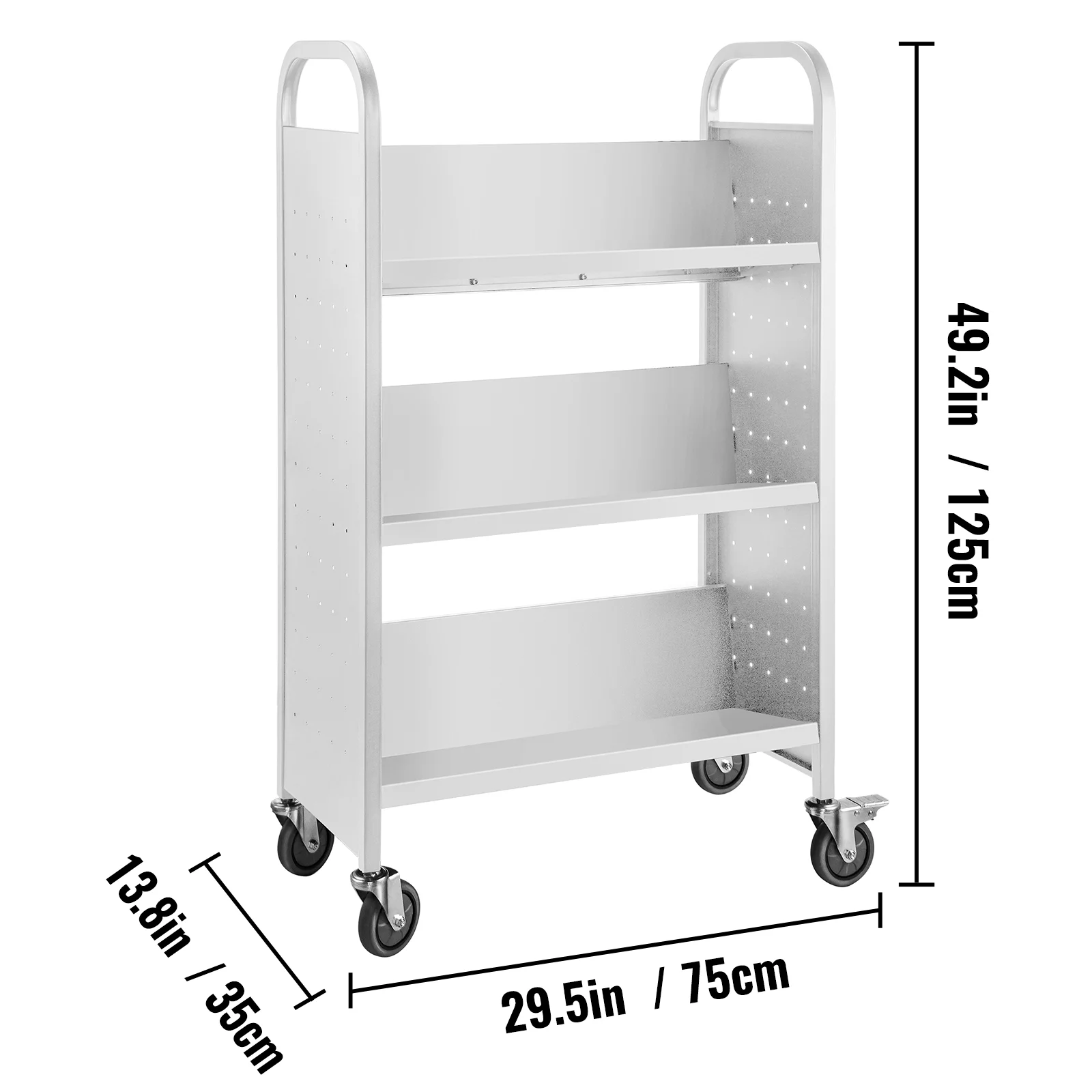VEVOR Book Cart Single Sided V-Shaped , Rolling Book Cart with 4 inch Lockable Wheels, for Home Shelves Office and School Book Truck in White