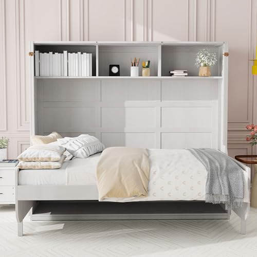 SOFTSEA Full Size Murphy Bed with Desk, Horizontal Wall Bed with Storage Shelves