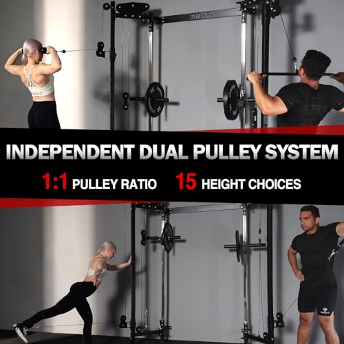 Mikolo Folding Squat Rack, Wall Mounted Power Rack with Cable Crossover Machine & LAT Pull Down, Functional Trainer with 5 Adjustable Function Modes