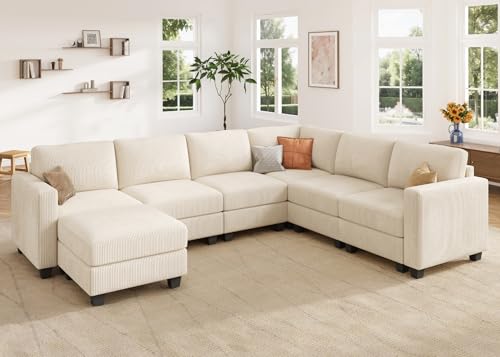 HONBAY Corduroy Modular Sectional Couch with Storage L-Shaped Sectional Couches for Living Room 6 Seater Modular Sofa, Dark Gray
