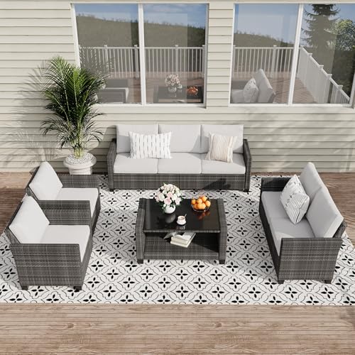 6 Piece Outdoor Patio Furniture Set with Coffee Table, Rattan Deck Conversation Sofa Set