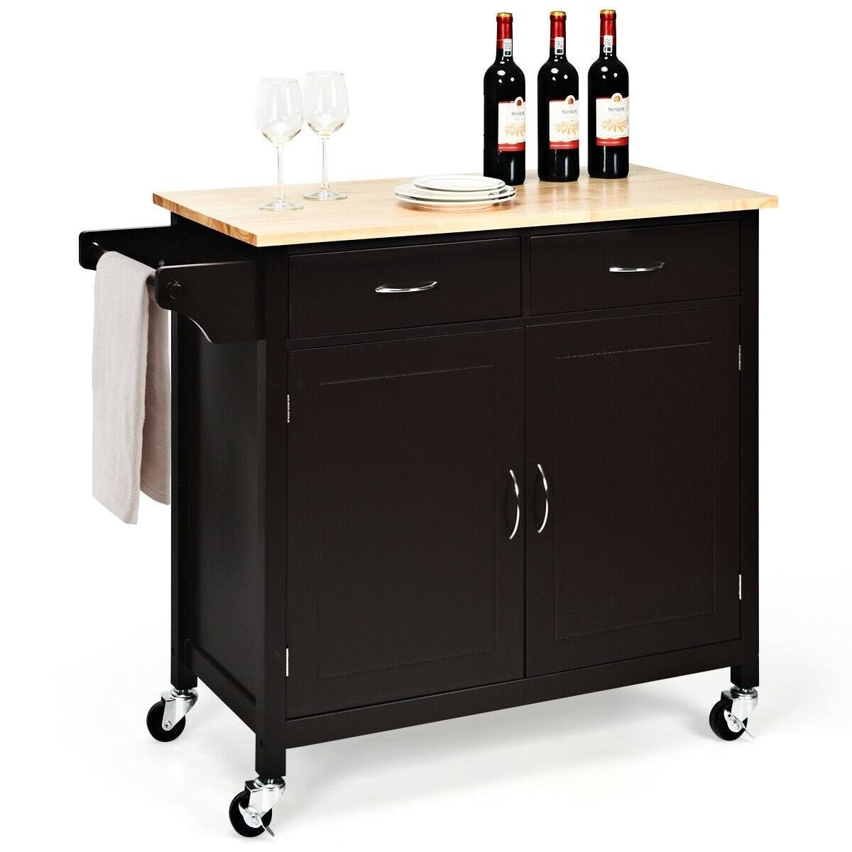 Modern Rolling Kitchen Cart Island with Wooden Top - White