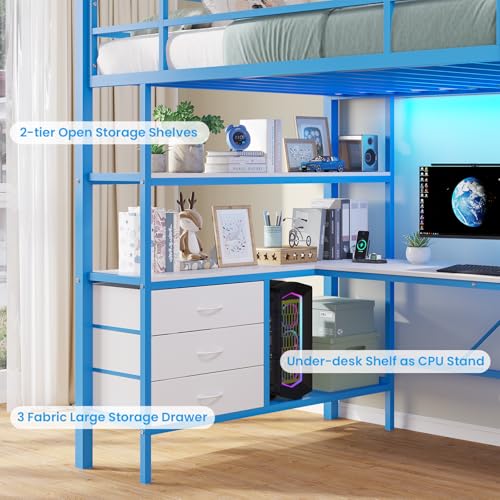 DICTAC Loft Bed Full Size with L-Shaped Desk and Charging Station Full Metal Bed Frame with LED Lights,Open Shelves and 3 Fabric Storage Drawers