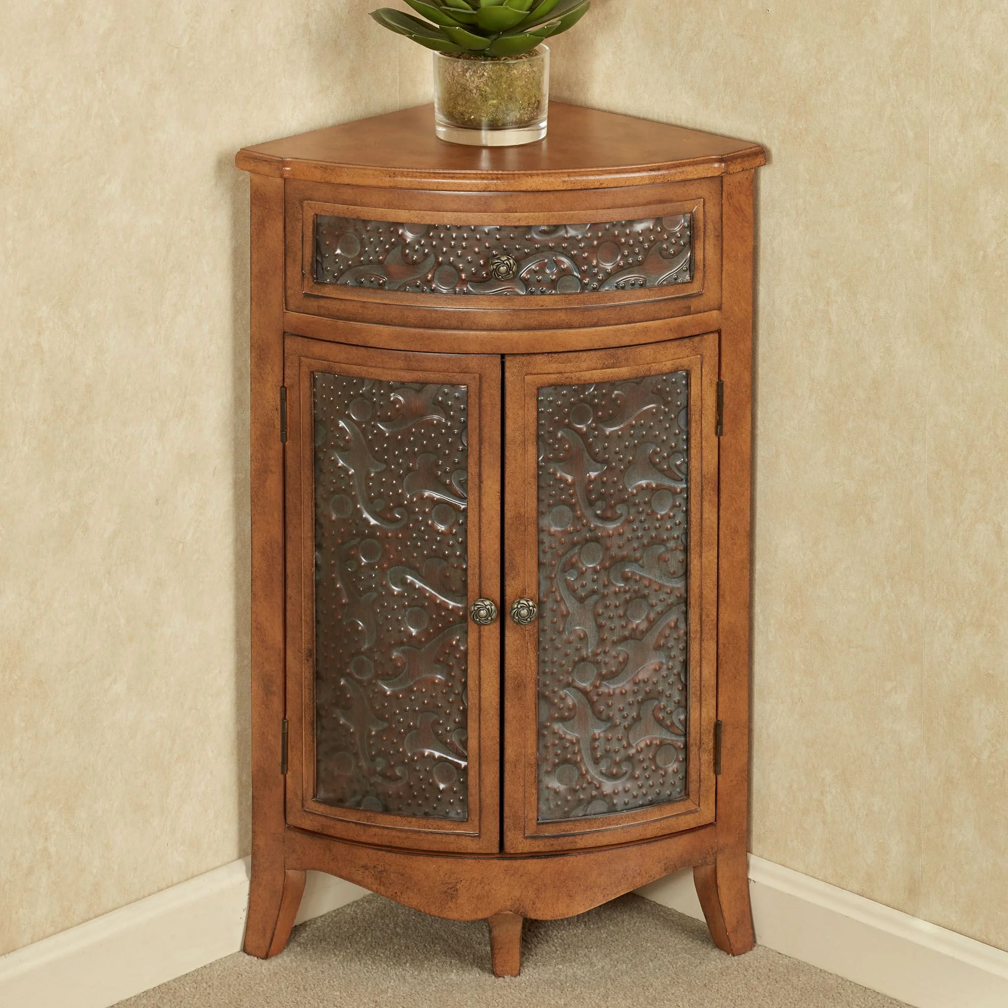 Lonzbard Corner Accent Storage Cabinet Pecan 30.5 Inches Tall
