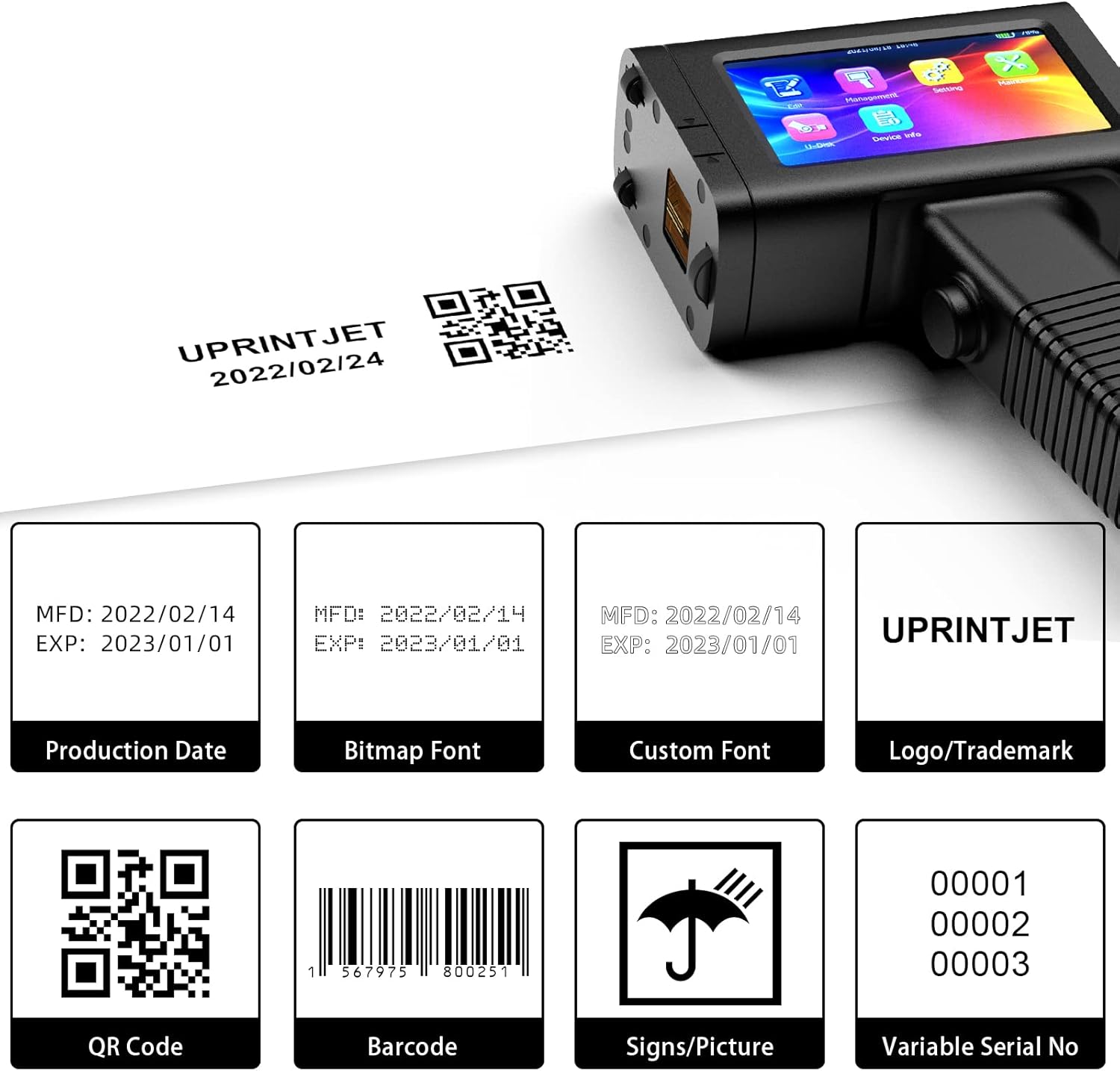 UPRINTJET Handheld Inkjet Printer BT-HH6105B2 with 4.3 Inch Touch Screen Inkjet Coder Quick-Drying Ink for Barcode Date QRcode Batch Number Picture
